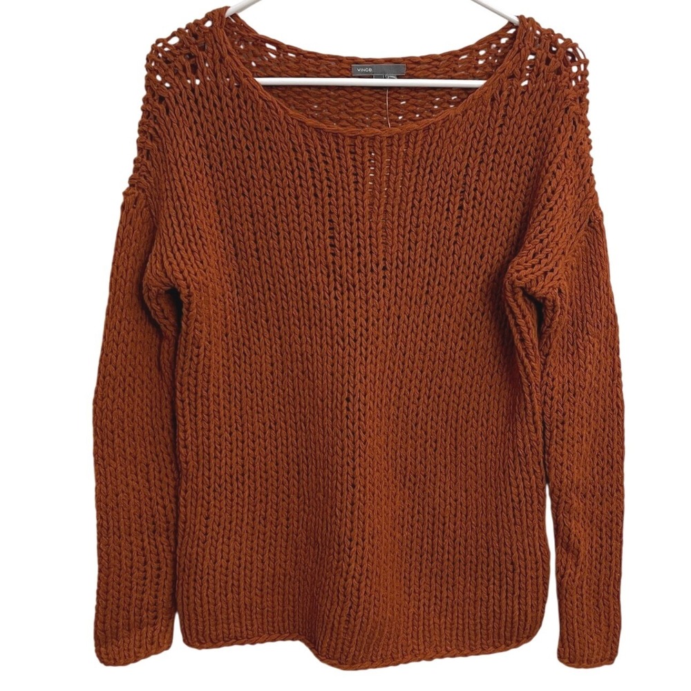 NWT‎ Vince Chunky Knit Cotton Sweater XS Rust Open Knit Crewneck Cozy Coastal